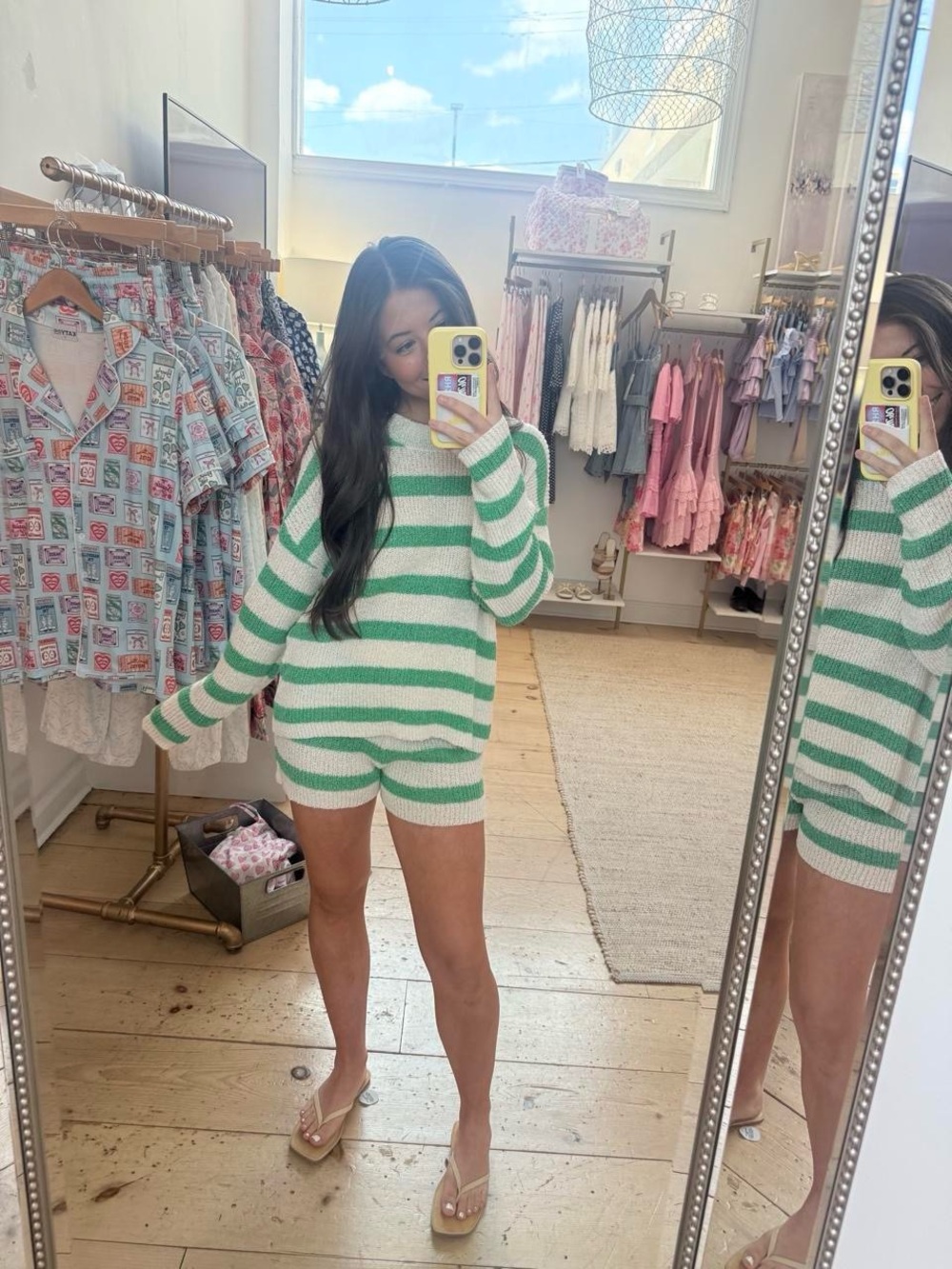 Striped Green & White Knit Lounge Short Set